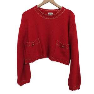 POL Women Sz S Red Mohair Wool Blend Sweater Gold Stitching Patch Pockets